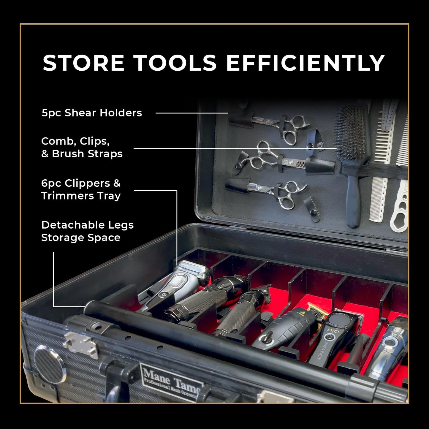 MANE TAME Barber Case - VIP Mobile Barber Station- Gold - Includes Speakers, TSA Locks, Removeable/Adjustable Legs.