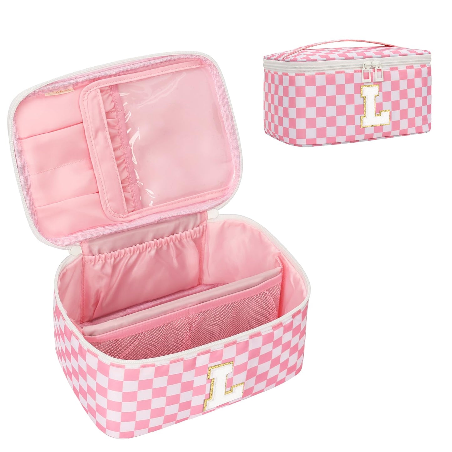 OCHEAL Makeup Bag for Women, Monogram Cosmetic Bag Pink Travel Makeup Case Beauty Toiletry Bag Organizer Personalized Gifts for Girls Bridesmaid, Sister, Wife, Friends Initial L