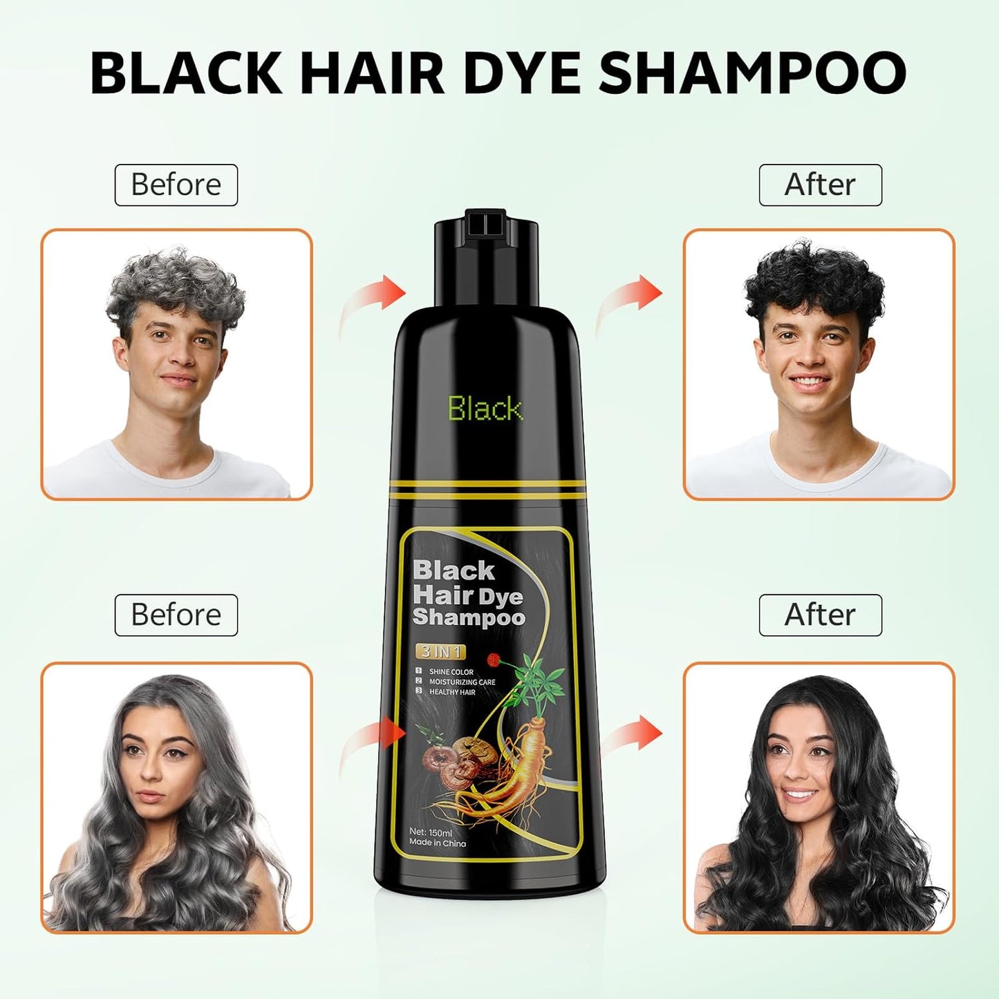 Black Hair Dye Shampoo - 3 in 1 Formula for Men & Women | 150ML Color Treatment