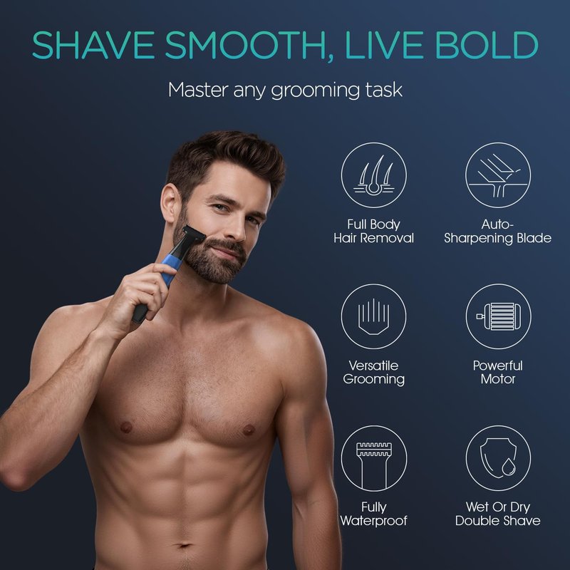 VOYOR Beard Trimmer for Men, Electric Razor, No Pain, Full Body Grooming, Face & Body Hair Trimmer, Adjustable Length Combs, All-in-1 Rechargeable Mens Grooming Kit, Cordless, Wet/Dry, TX510 (Blue)