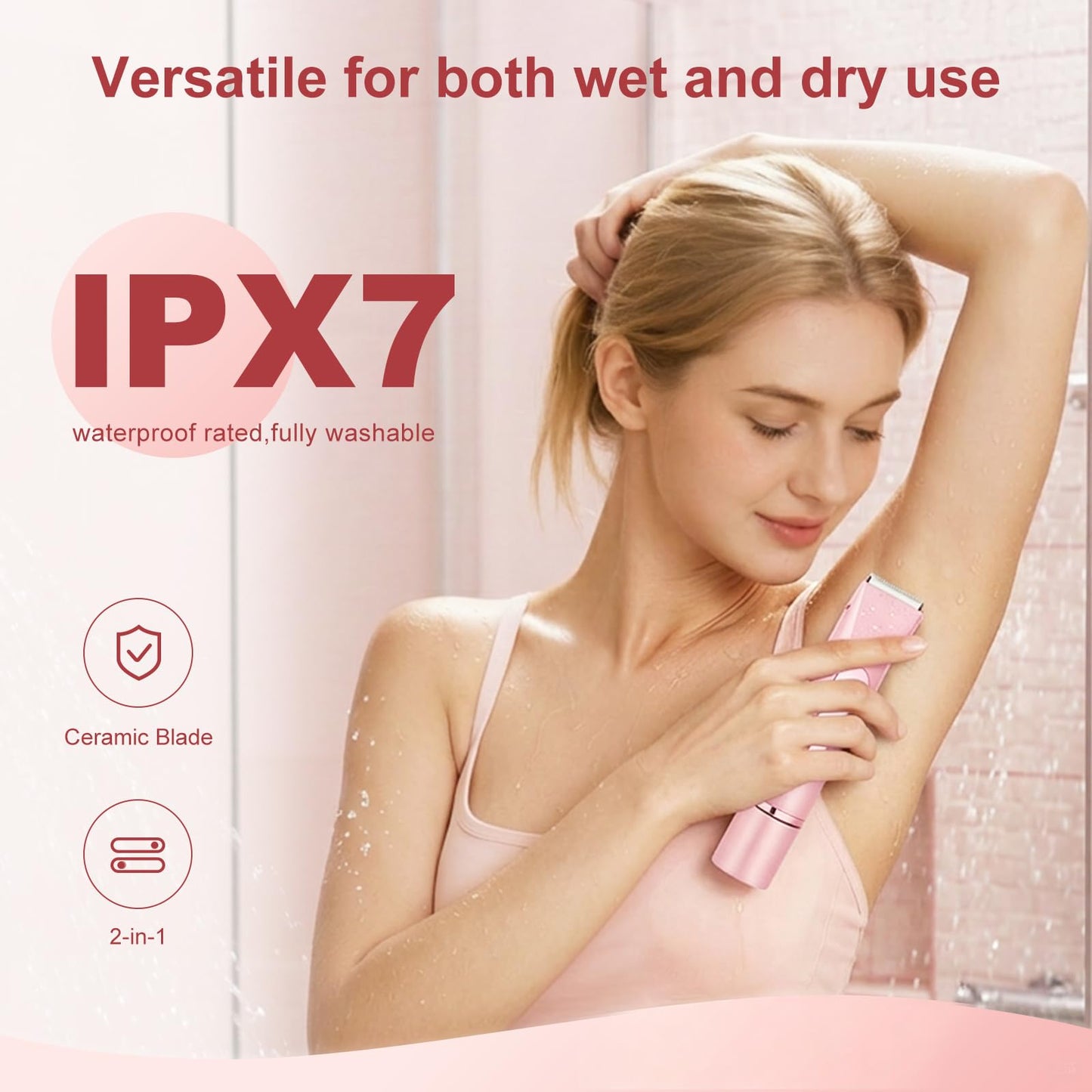 Dual Head Women Bikini Trimmer Quiet Electric Razor for Sensitive Skin IPX7 Waterproof Ceramic Blade LCD Rechargeable Pubic Hair Shaver for Armpit Leg Face (Pink)