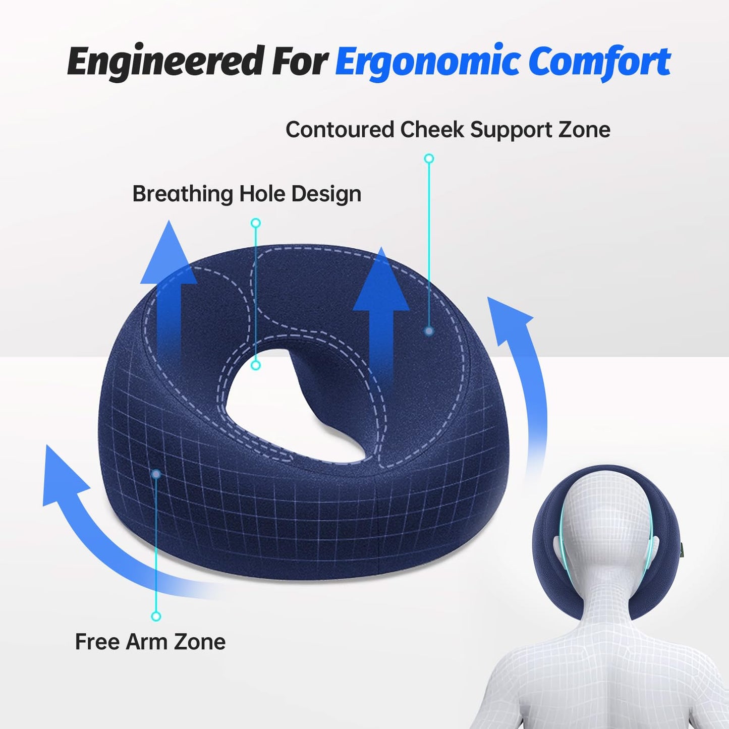 Face Down Massage Pillow - Comfortable Headrest for Stomach Sleeping | Removable Cover, Navy Blue