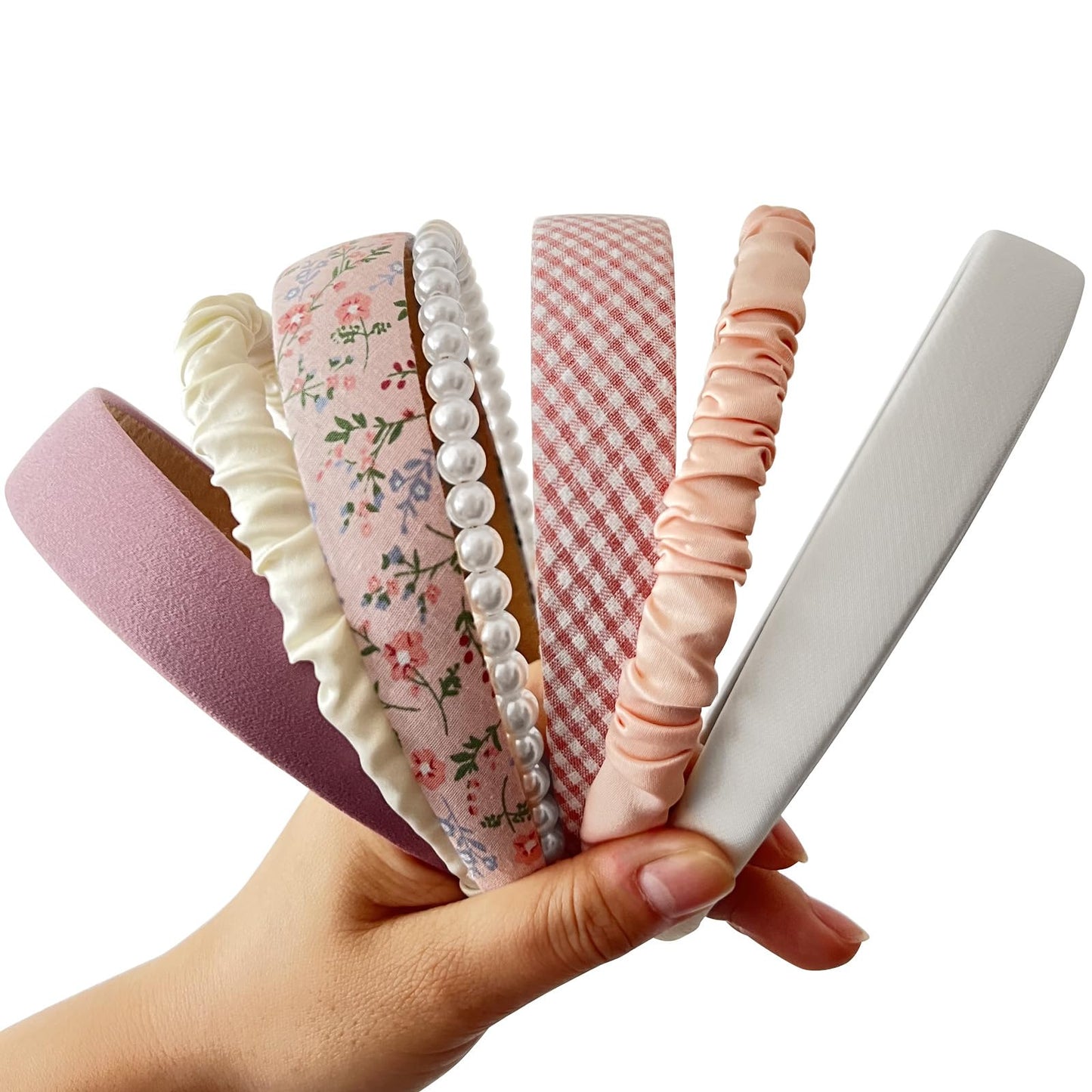 7Pcs Fashion Headband Set with Different Designs: Non-Slip Padded Headbands, Cute Pearl and Vintage Wide Styles for Women and Girls (Pink)