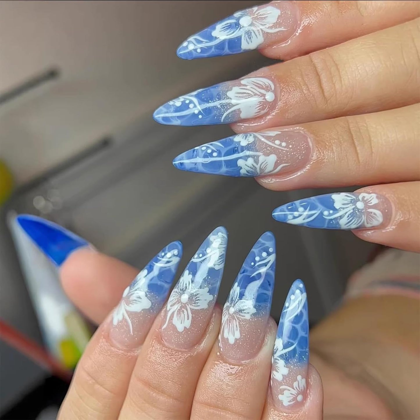 Short Square Press-On Nails - 24 Pcs French Tip with 3D Flower & Star Rhinestones | Full Cover Acrylic, Reusable