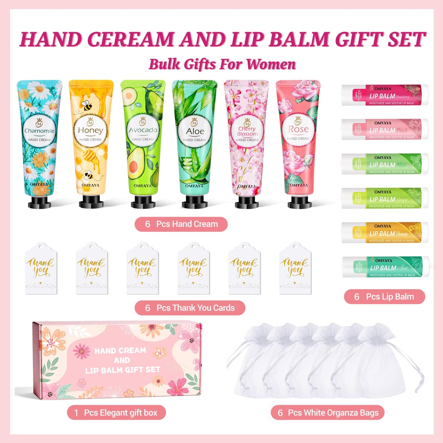Bulk Gifts For Women, Lip Balm Bulk and Hand Cream Gift Set with Thank You Card Organza Bag, Teacher Appreciation Gifts, Women Nurse Gift, Party Favors For Bridal Wedding, Spa Party Supplies
