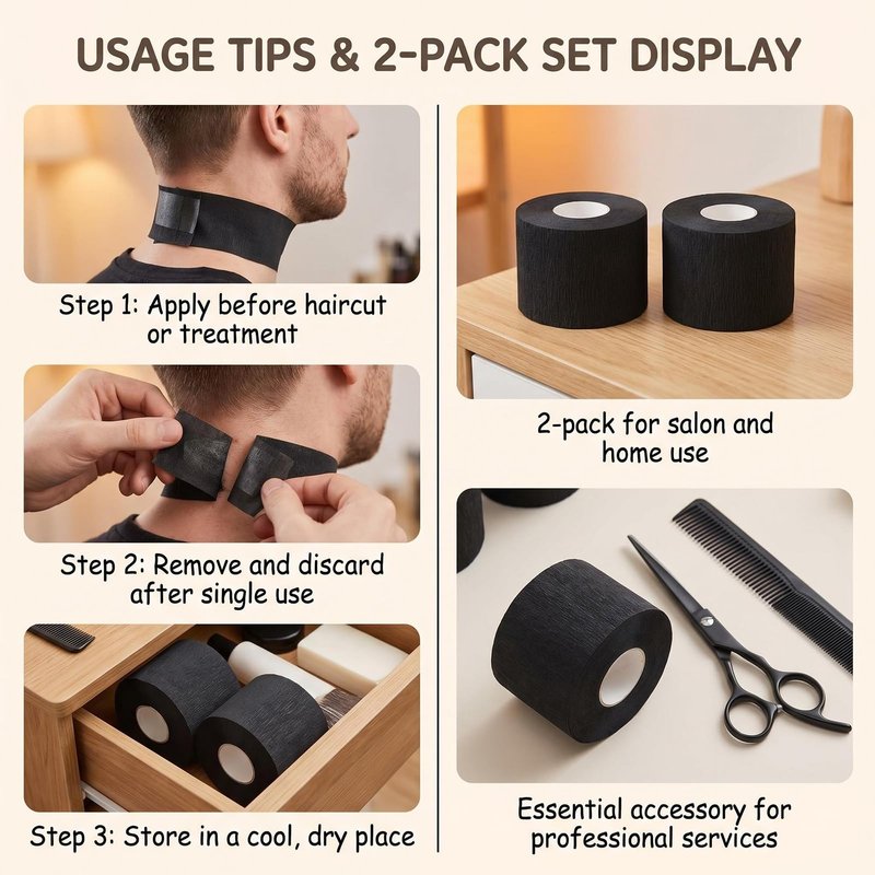 2 Rolls 200 Strips Black Disposable Barber Neck Strips, Stretchable Neck Tape for Salon Hair Cutting, Professional Barber Supplies Accessories