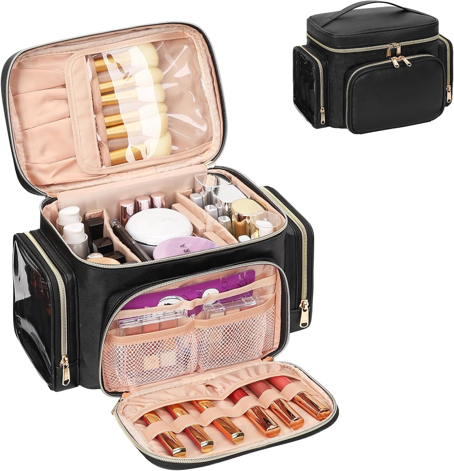 Large Makeup Bag Organizer for Women - Portable Travel Cosmetic Bag with Brush Compartment & Side Pockets | Black
