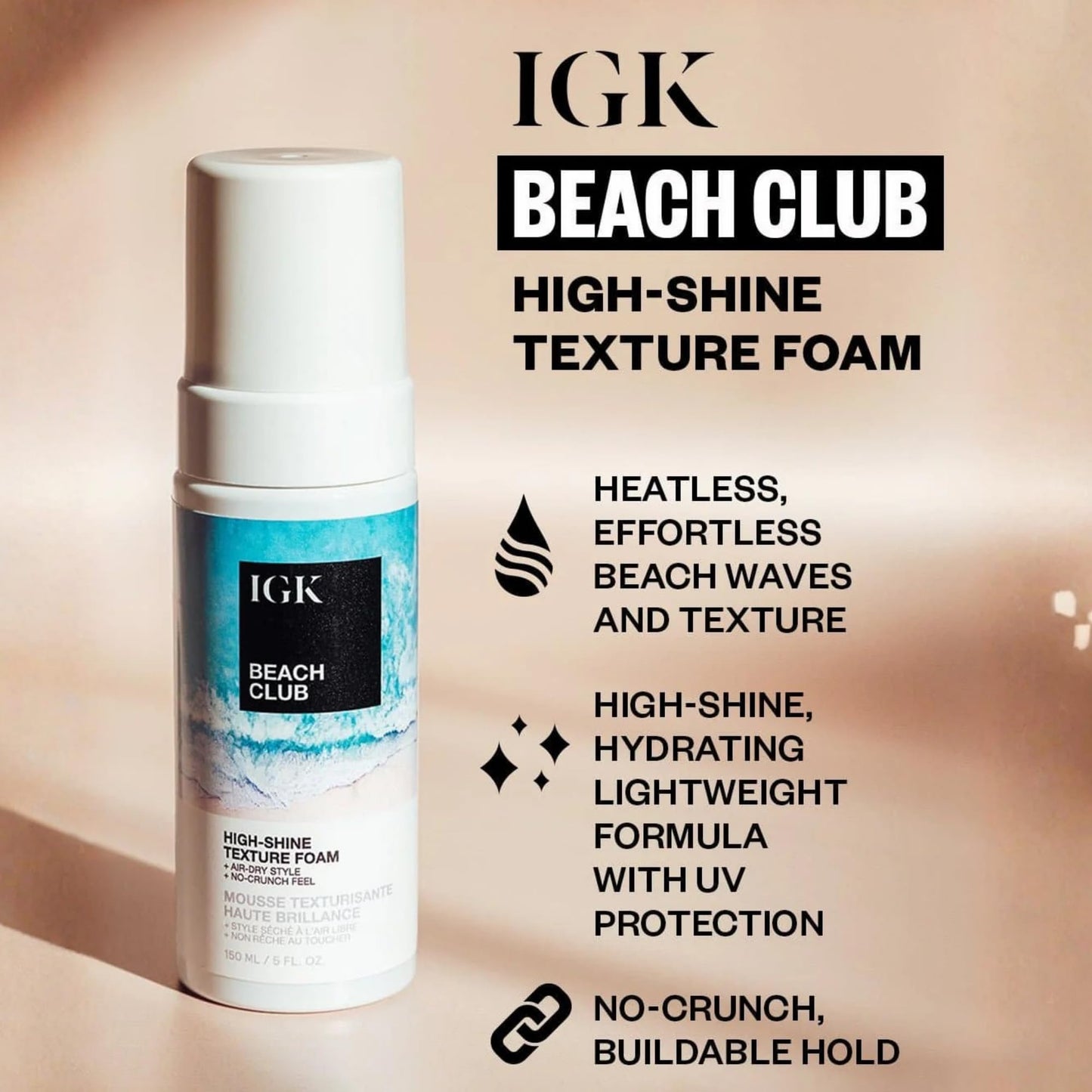 IGK Beach Club High-Shine Texture Foam – Salt-Free Hair Mousse for Beach Waves – Air-Dry Styling Foam for Wavy, Curly & Straight Hair – Anti-Frizz with UV Protection – Vegan, 5 Oz