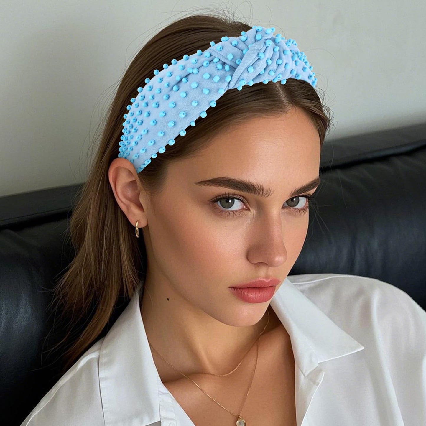 YISSION Light Blue Knotted Headband for Women - Wide Beaded Hair Hoop, Stylish Hair Accessory for Daily Wear, Parties & Casual Outfits