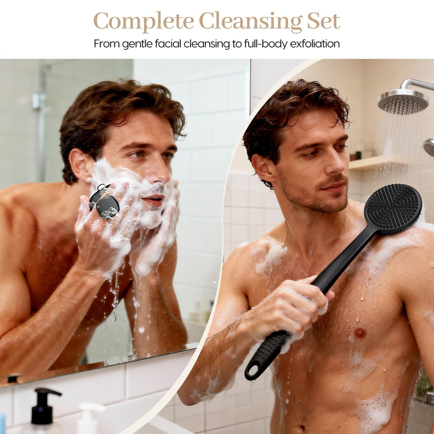 Back Scrubber for Shower & Face Scrubber, 2Pcs Silicone Exfoliating Brush Set with 17In Long Handle, Soft Body & Facial Cleansing Scrubber for Men Women