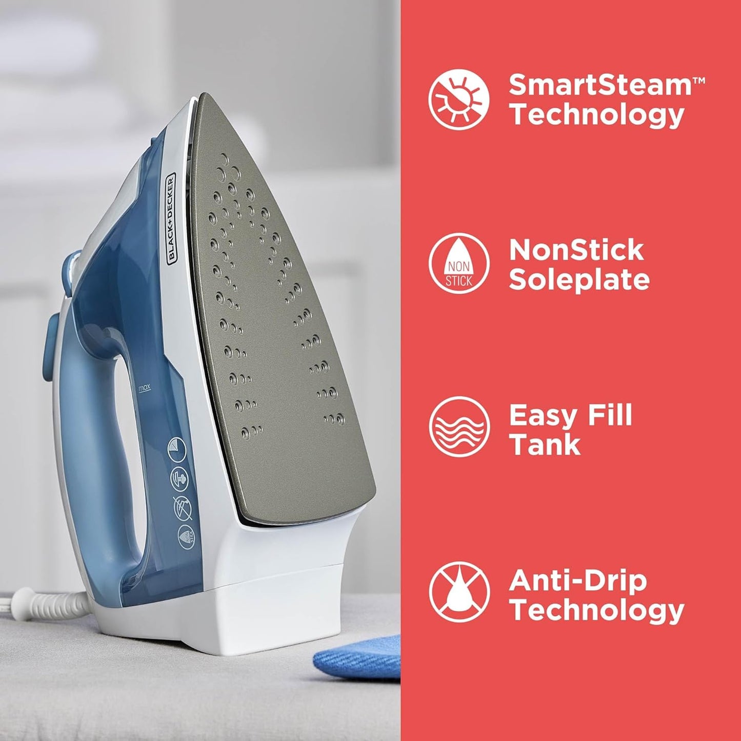 BLACK+DECKER Easy Steam Compact Iron - Lightweight, Nonstick Plate, 1200 Watts | Automatic Shutoff