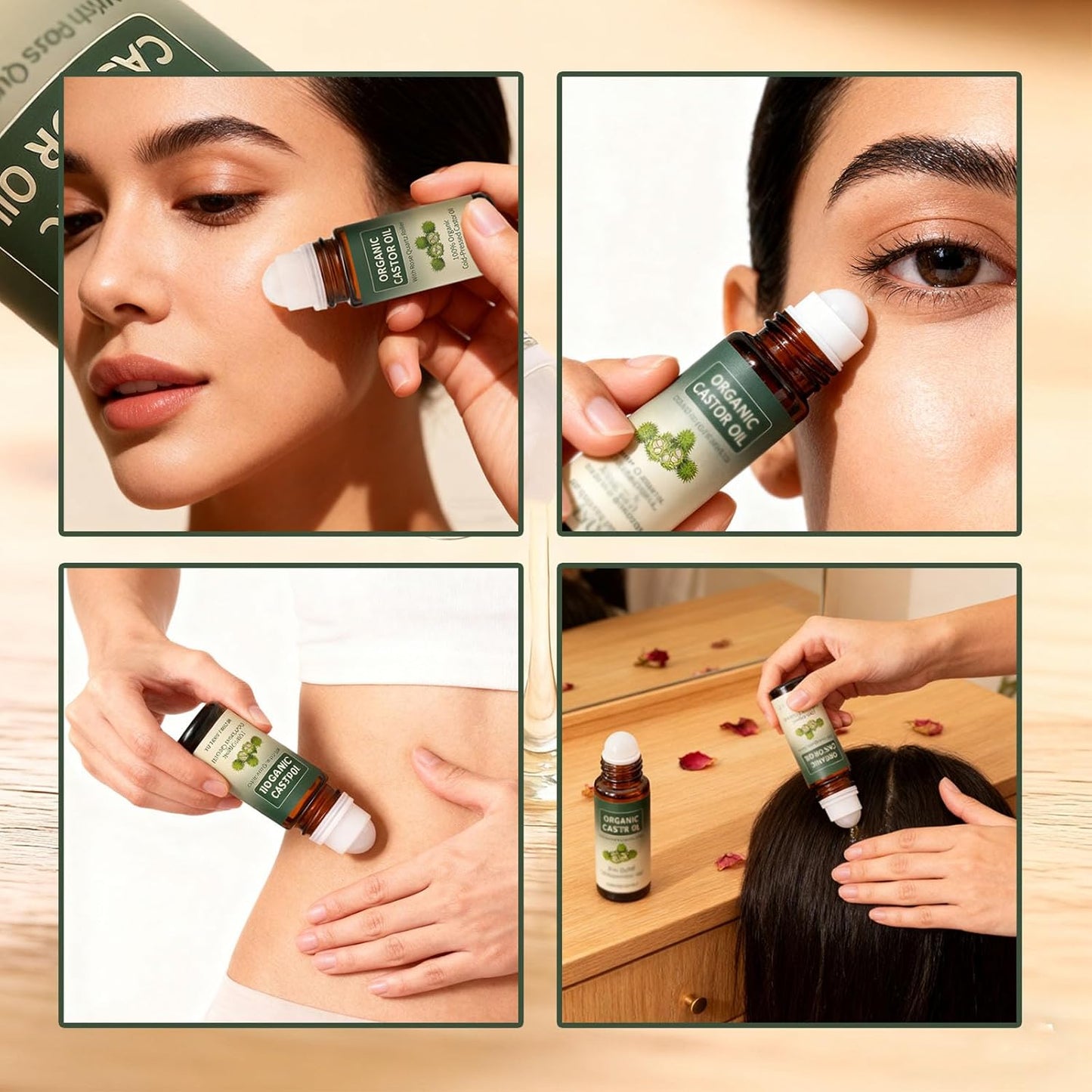 Organic Castor Oil Roll-On - 100% Cold-Pressed with Rose Quartz for Skin, Brows & Lashes | 1.7oz Glass Bottle