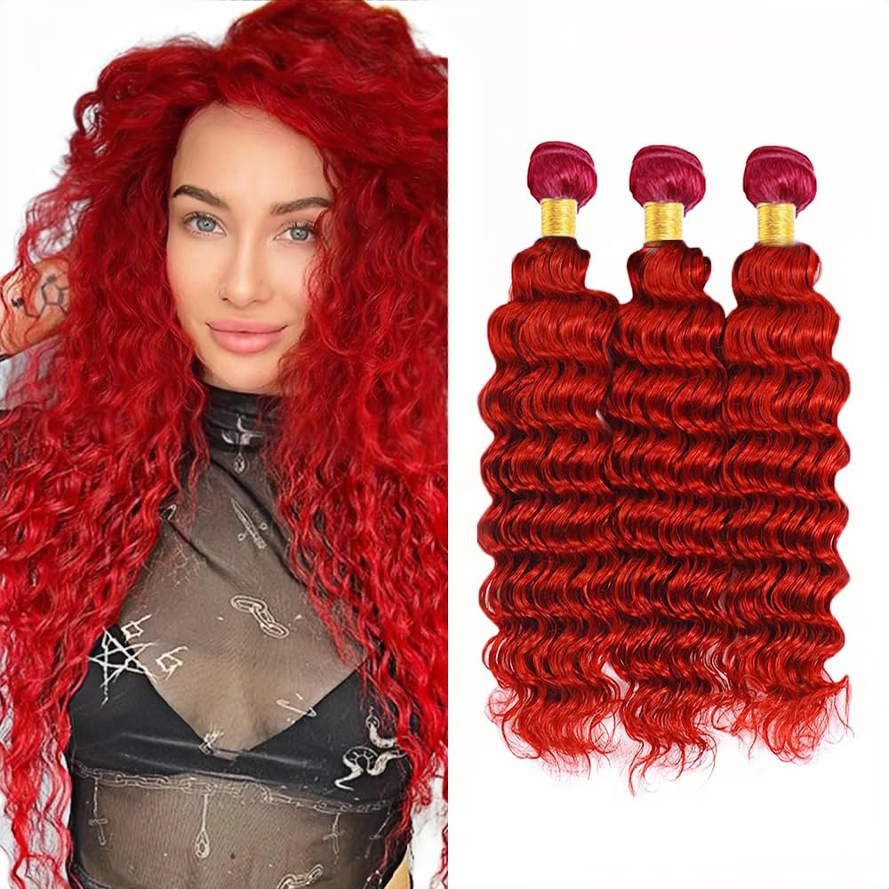 28 30 32 inch GveoXvo Red Human Hair Bundles Red Deep Wave Bundle Human Hair Extensions Mixed Length 3 Bundles