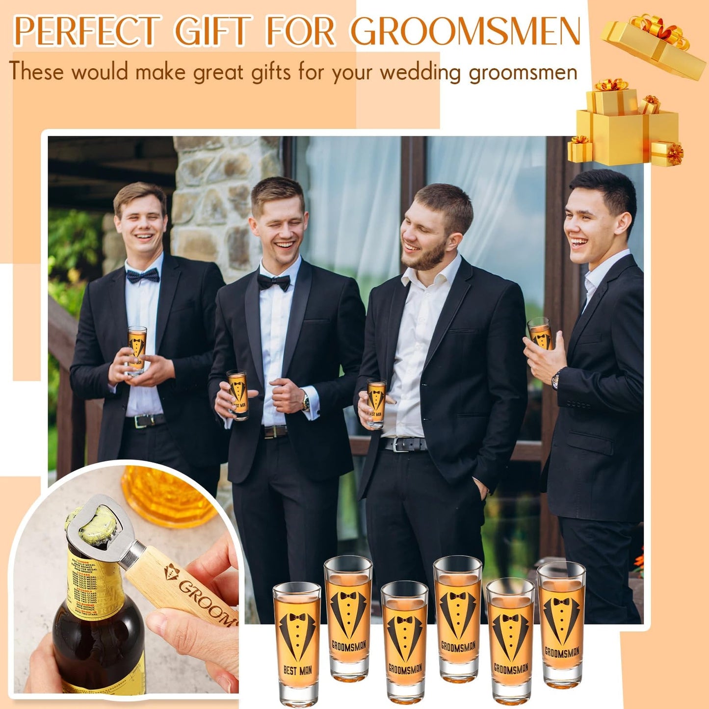 Didaey 12 Pcs Groomsmen Shot Glasses and Wooden Bottle Opener Set Include 6 Best Man Shot Glasses and 6 Bottle Opener Groomsmen Gifts Best Man Gift for Wedding Favor(Simple)