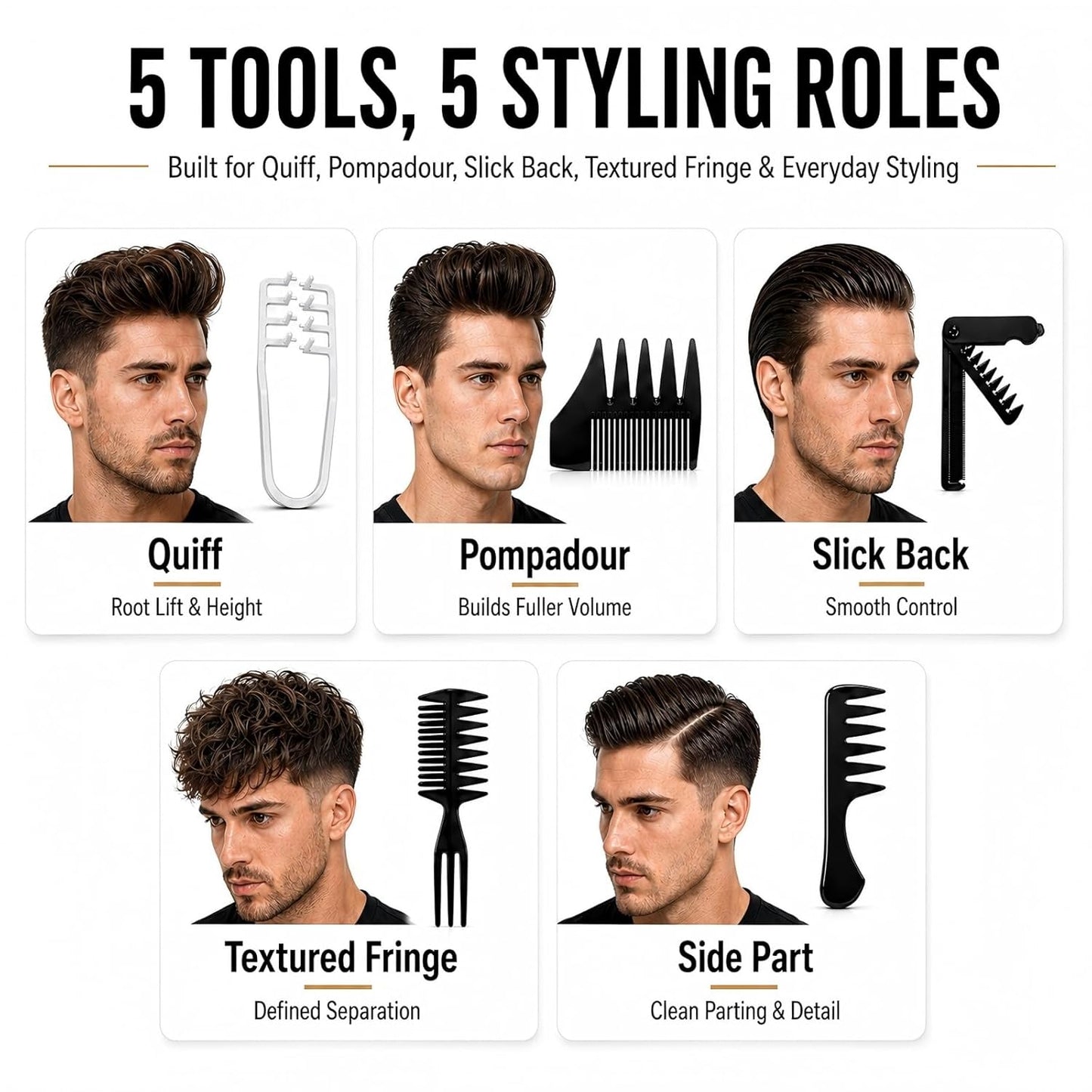 Volumizing Hair Styling Comb Set - 5PCS Texture Combs for Men & Women | Root Lift, Quiff, Slick Back Tools