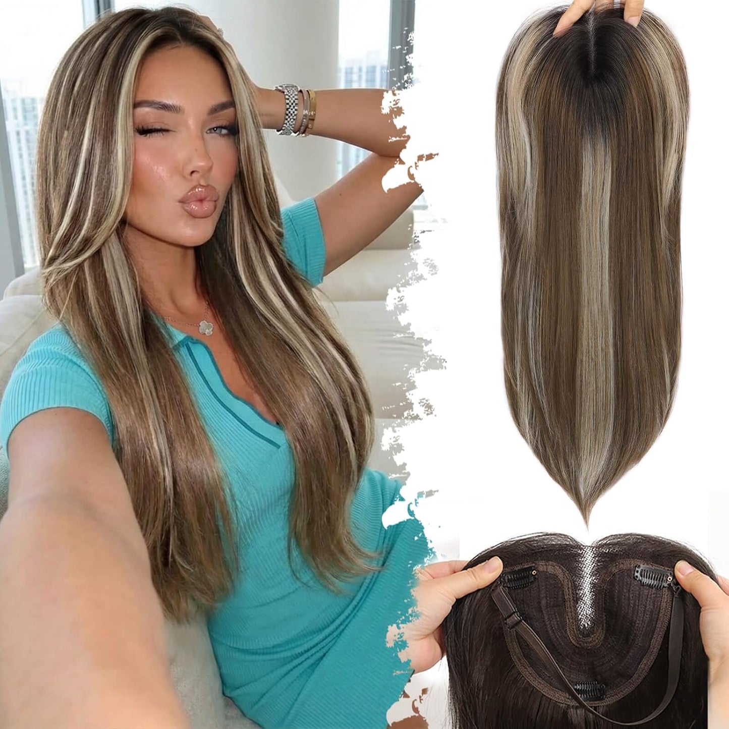 Ash Blonde Synthetic Hair Toppers with Platinum Highlights - 18" Long, 5x6" Base for Thinning Hair, Clip-In Wispy Bangs