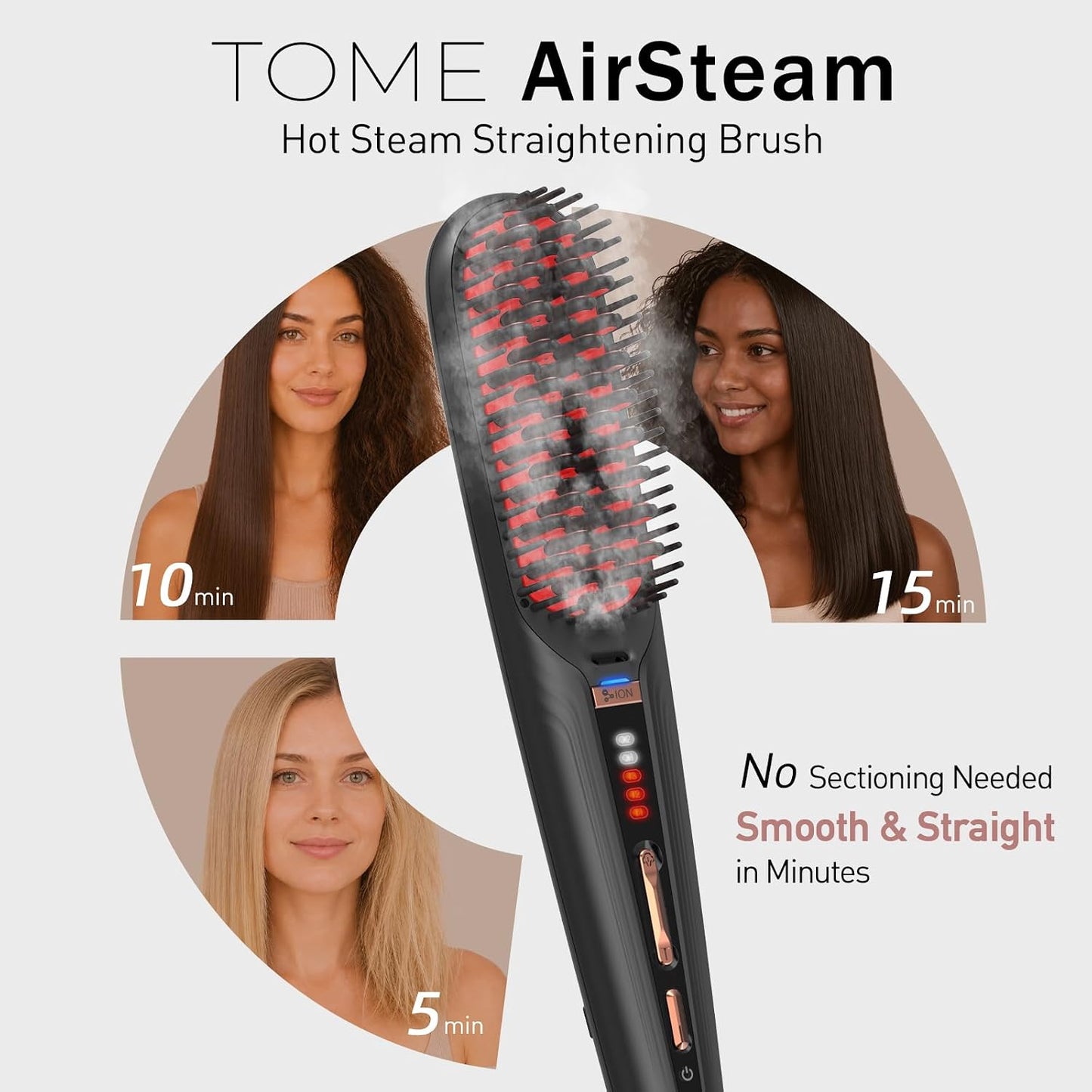 Steam Hair Straightener Brush - Anti-Scald Design, 2 Steam Levels & 3 Heat Settings | Fast Styling, Dual Voltage Black