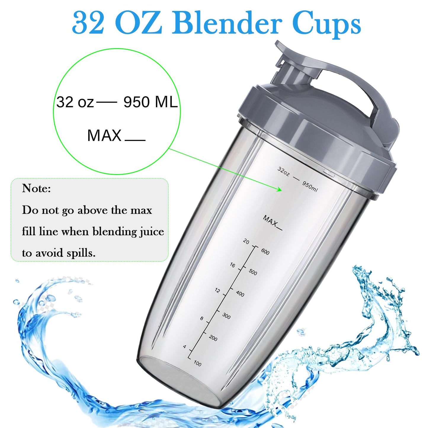 For nutribullet Blender Cups & Blade Replacement Set 32oz Huge Cup with 2 Flip-Top To-Go Lid and 1 Lid Ring Handle, Extractor Blade Replacement Blender Parts for NutriBullet 600w/900w Blender