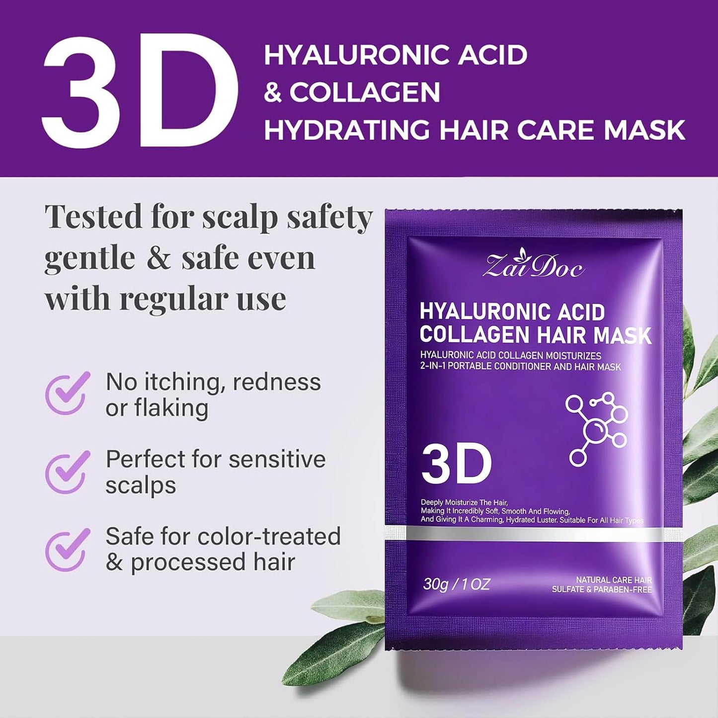 Portable Hair Conditioner Mask - 2-in-1 Hyaluronic Acid & Collagen | Deep Moisturizing Treatment for Dry, Damaged Hair - Travel Size 1oz