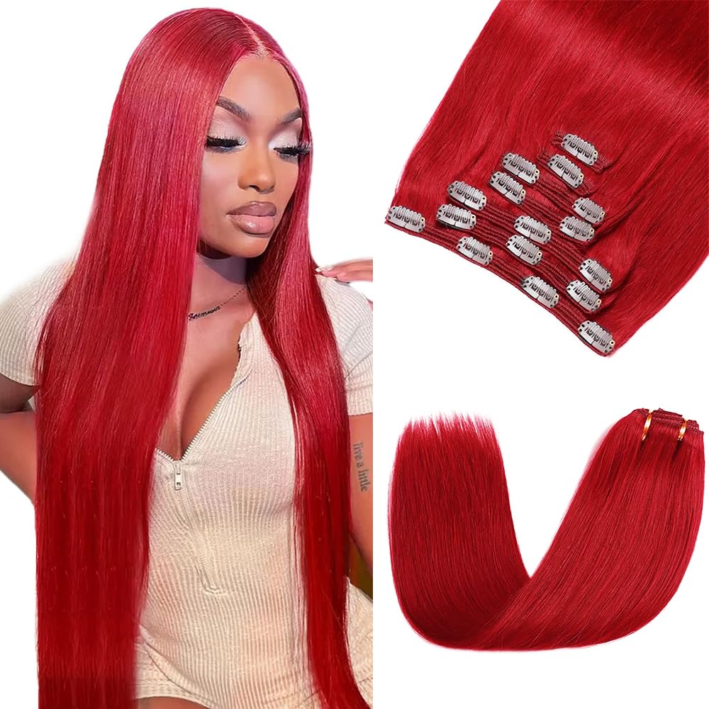 Red Clip in Hair Extensions Real Human Hair,16 Inch 120g/7Pcs,Full Shine Bright Red Hair,Wine Red Straight Clip ins Brazilian Virgin Human Hair Extensions