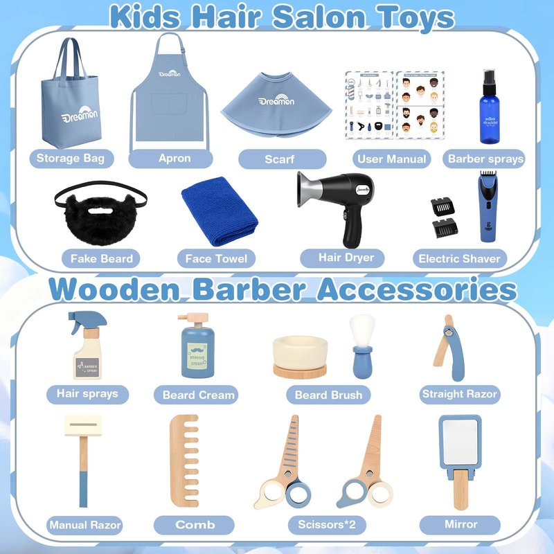 Barber Shop Pretend Play Set, Kids Shaving Kit Wooden Hair Salon Toys for Boys with Wearable Beard, Electric Shaver, Blow Dryer, Tool Bag, Toddler Role Play Barber Accessories for Boys & Girls Gifts