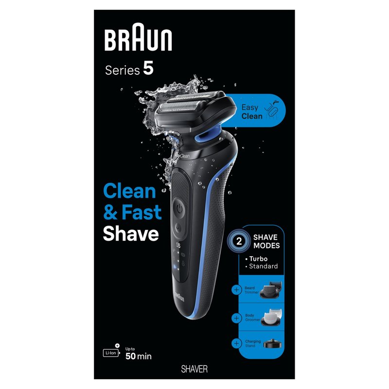 Braun Electric Shaver for Men, Series 5 5150cs, Wet & Dry Razor, Turbo Shaving Mode, Foil Shaver, with Beard Trimmer, Body Groomer and Charging Stand, Blue