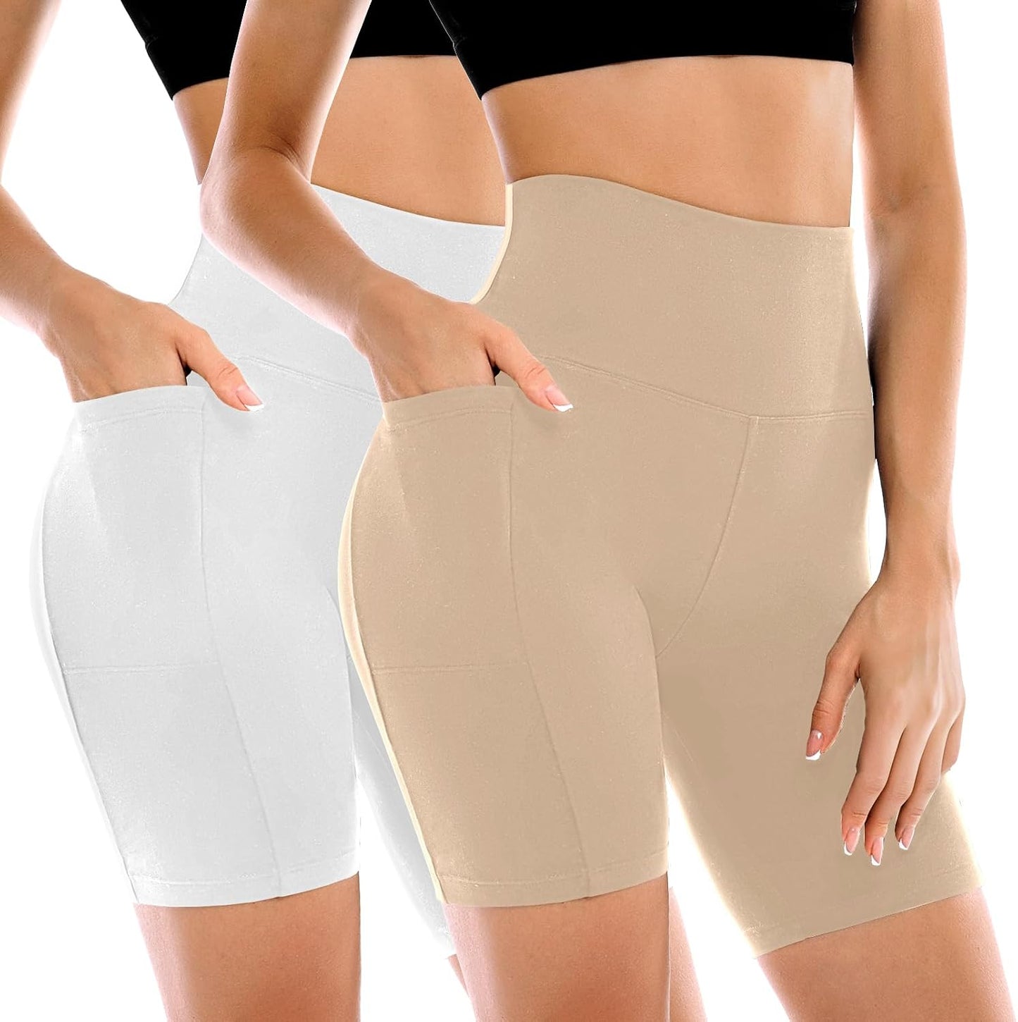 High Waisted Tummy Control Biker Shorts for Women - 2 Pack with Pockets | Yoga & Workout Gear