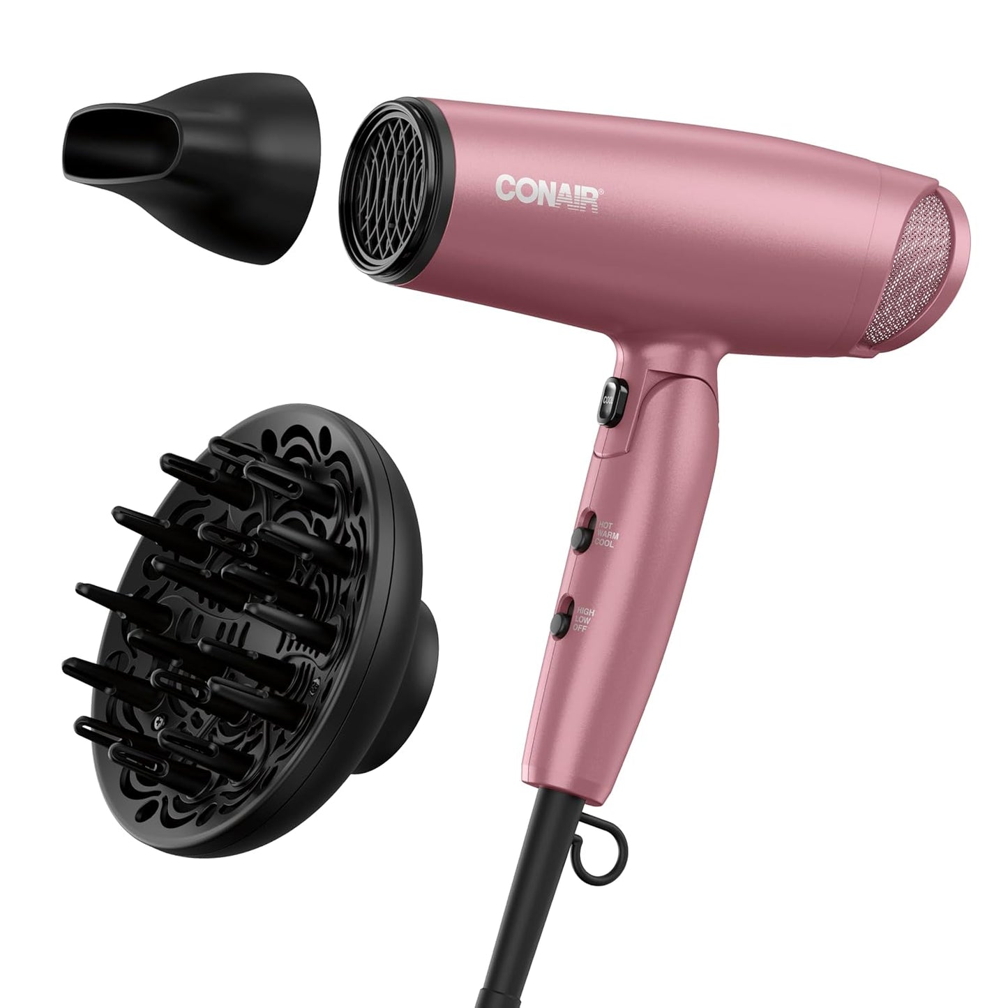 Conair Hair Dryer - 1875W Travel Blow Dryer with Diffuser & Folding Handle | Nano-Quartz Ceramic for Less Frizz, Dusty Rose
