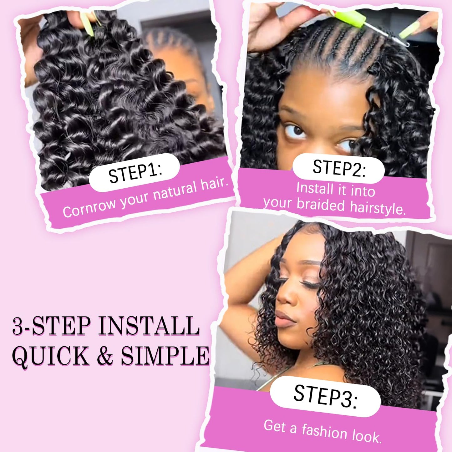 Human Crochet Hair for Black Women - 20 Inch Deep Wave Extensions | Soft & Lightweight Natural Black, 50 Strands
