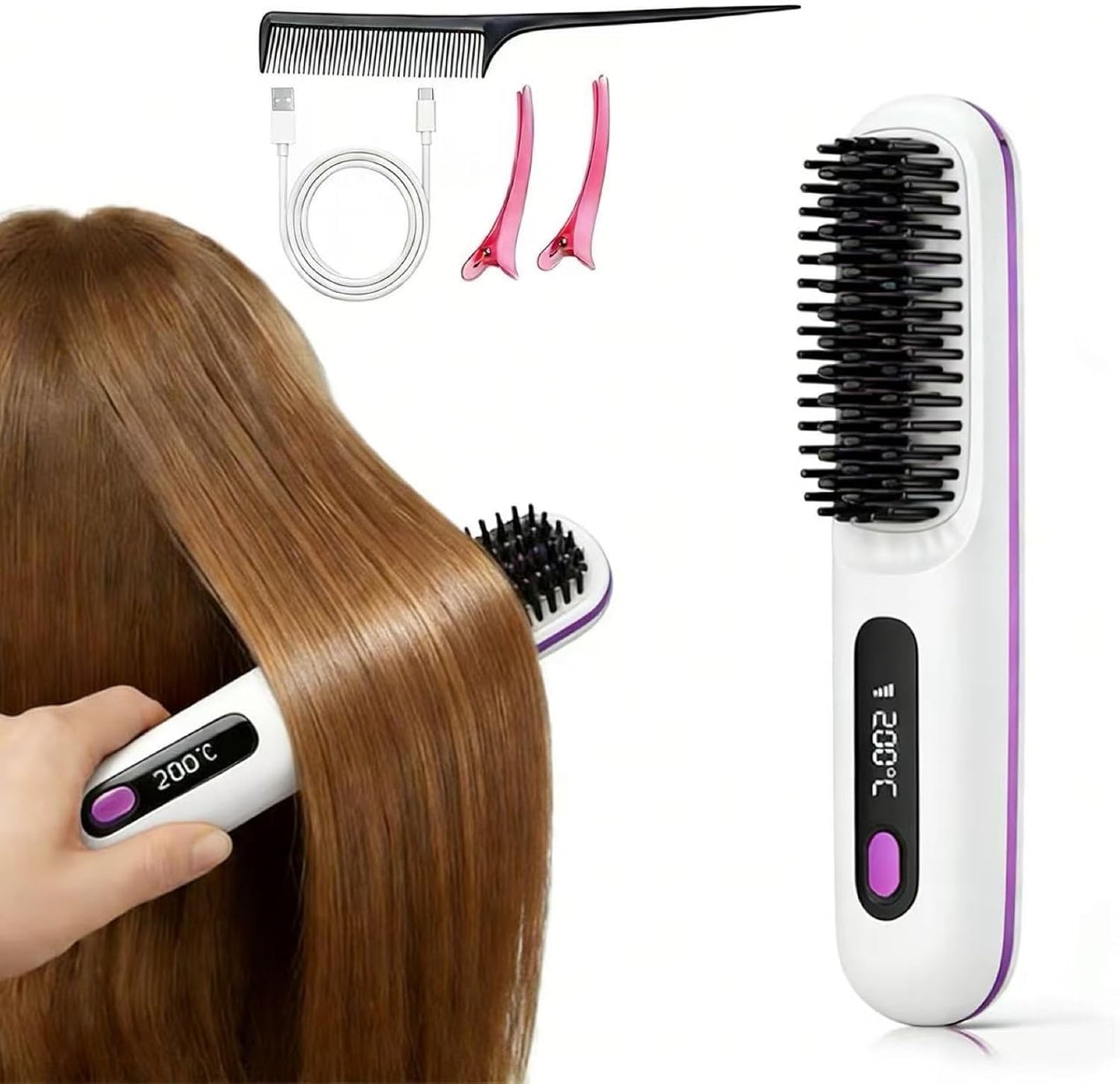 Cordless Hair Straightener Brush - Mini Travel Comb with 200 Million Negative Ions | 3 Temp Settings, Fast Heating