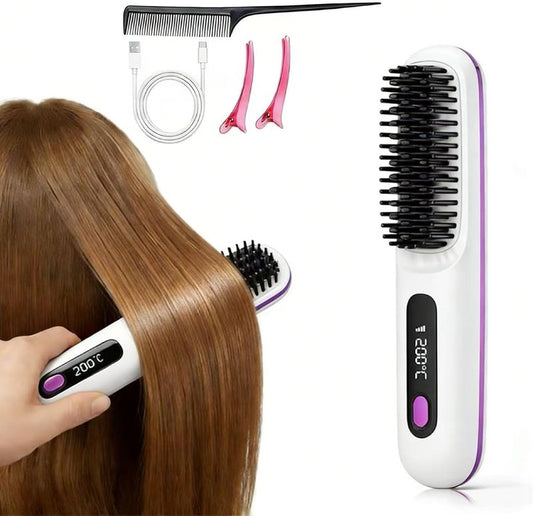 Cordless Hair Straightener Brush - Mini Travel Comb with 200 Million Negative Ions | 3 Temp Settings, Fast Heating
