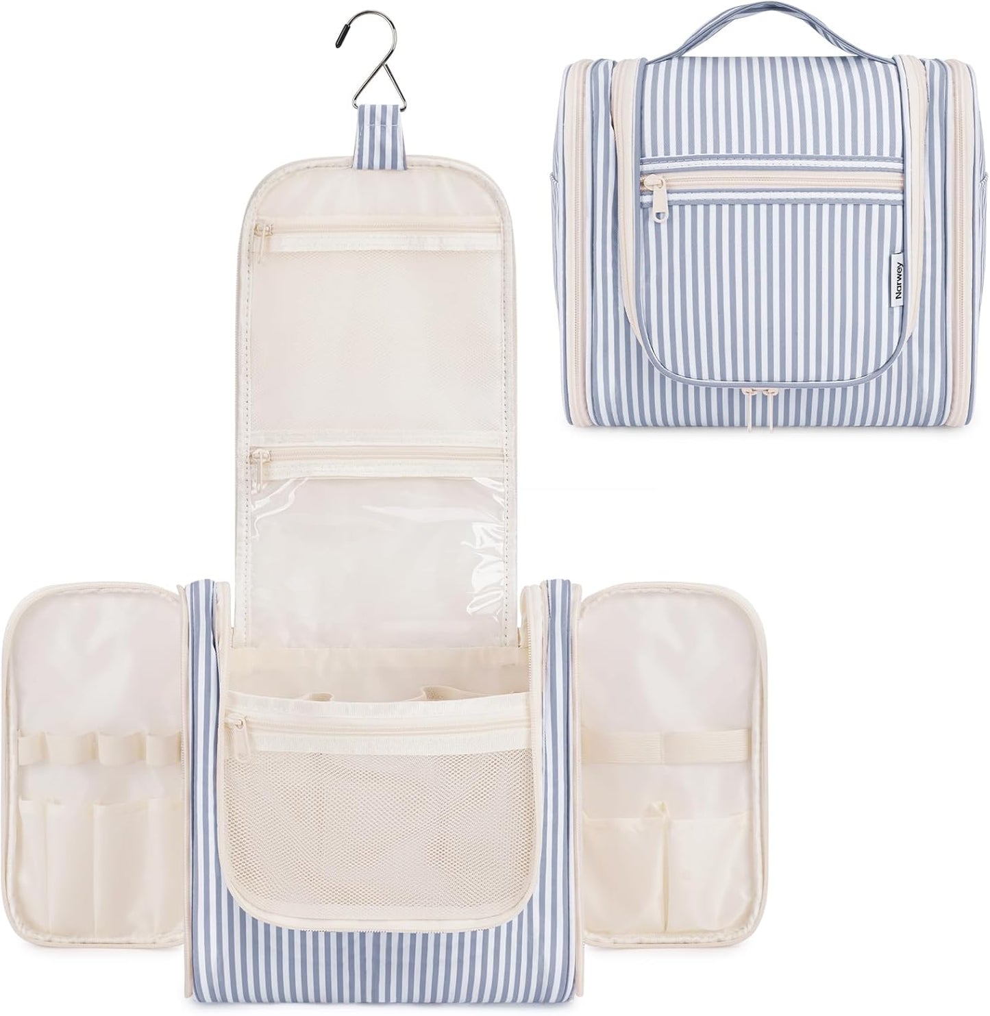 Small Striped Hanging Travel Toiletry Bag for Women - Makeup Organizer | Greyish Blue Stripe
