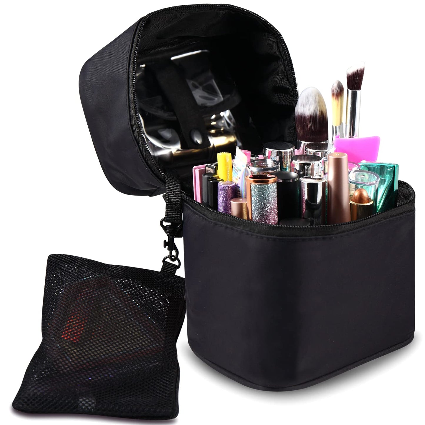 Bysiter Makeup Bag Travel Cosmetic Bag 7.5x5.5x4.4 Inch Makeup Brush Holder Organizer Cute Portable Artist Toiletry Storage Bag Cosmetics Case for Women (Black)
