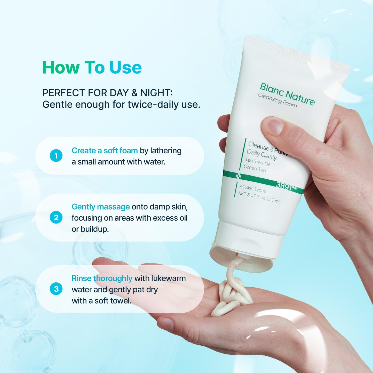 BLANC NATURE Cleansing Foam, Tea Tree Pore Deep Facial Cleanser for Oily & Sensitive Skin, Centella Asiatica, Green Tea, Korean Skincare, 5.07 fl oz (150 ml)