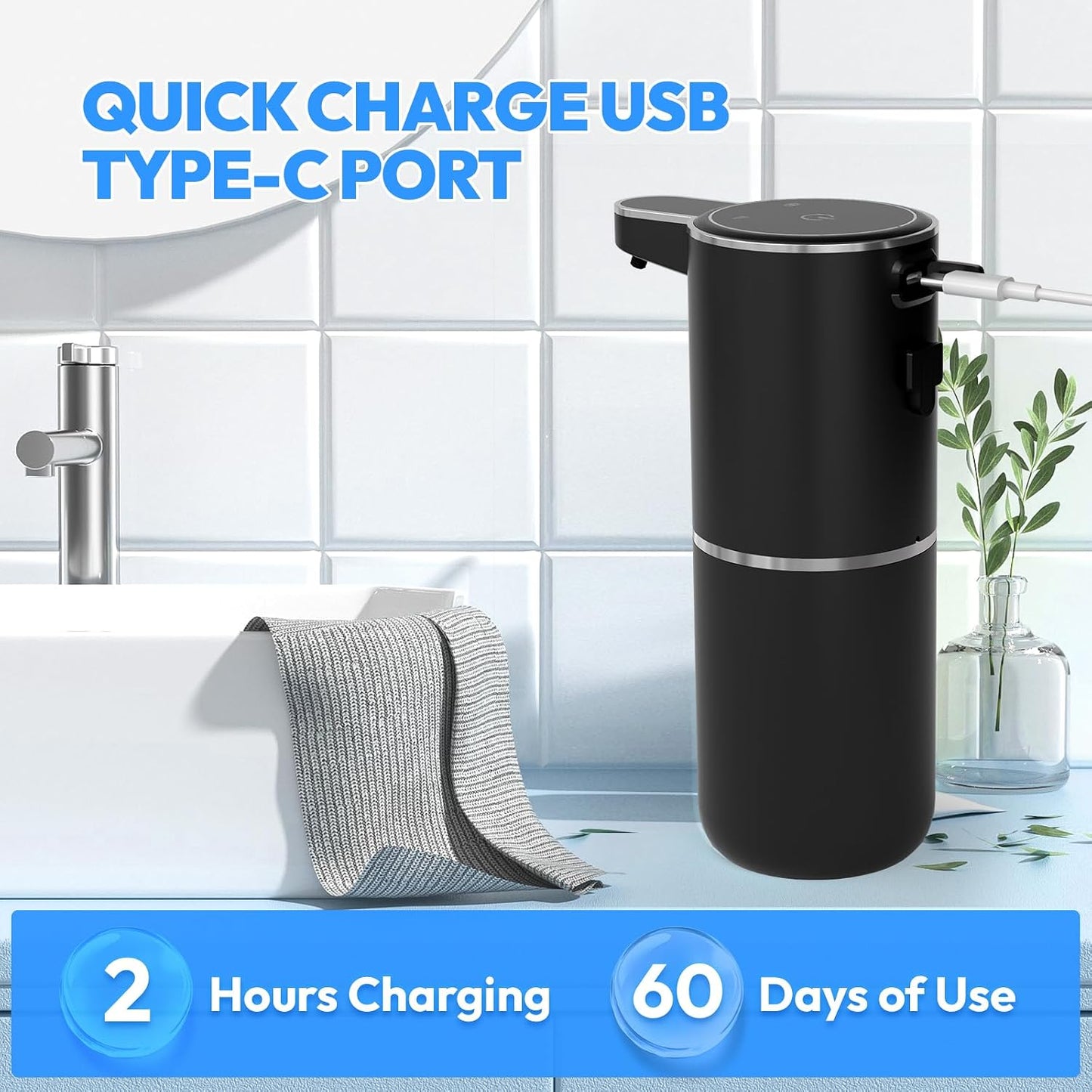 Automatic Foaming Soap Dispenser - Touchless 12.8oz Rechargeable Wall Mount for Bathroom & Kitchen | Black