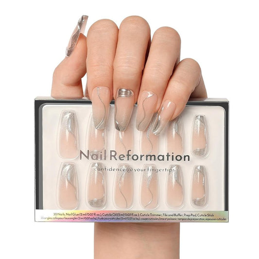 Nail Reformation Press On Nails - Pink Long Coffin 3D Metallic Glitter | 30 Reusable Stick-On Nails in 15 Sizes