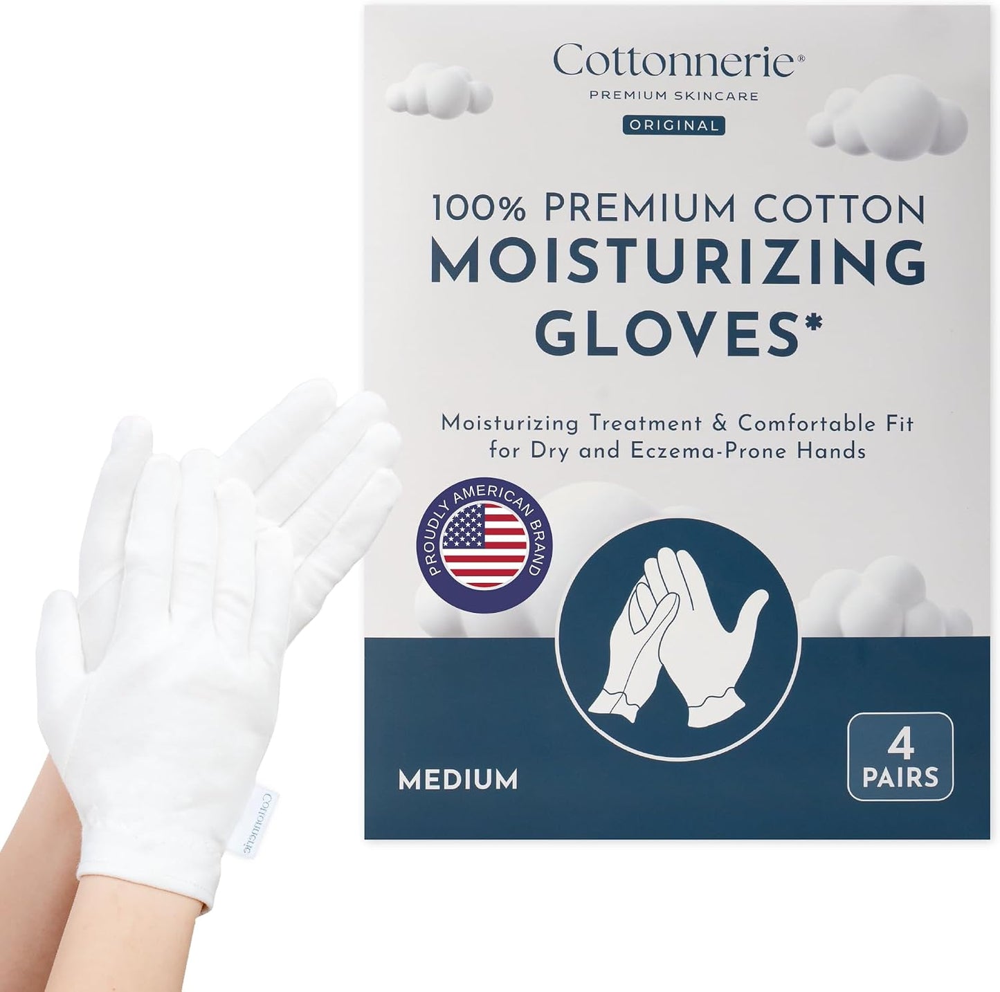 Cotton Moisturizing Gloves for Dry Hands - 4 Pairs Overnight Hand Care | Medium Size