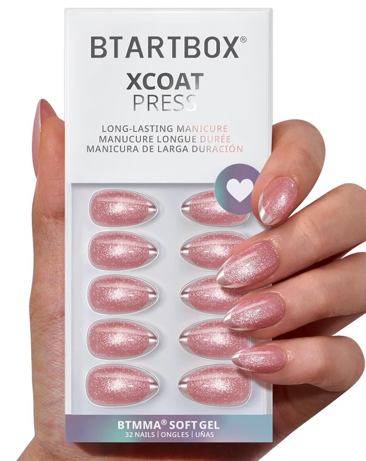 French Tip Press On Nails - Silver Bells | Lamp-Curable Short Almond Design, 16 Sizes, 32 Soft Gel Kit