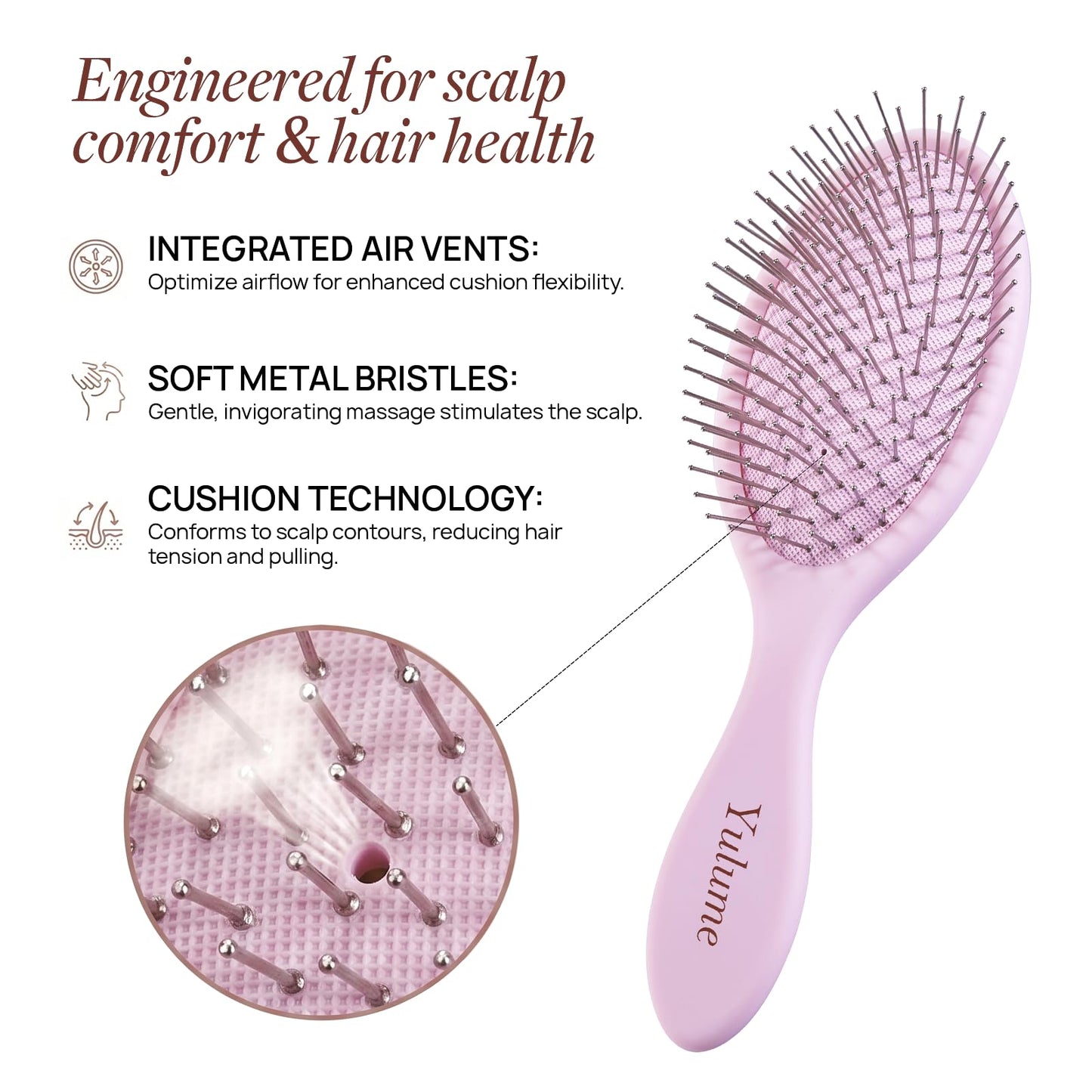 Yulume Air Cushion Paddle Brush, Round-Tip Steel Pins for Scalp Massage, Pain-Free Detangling for Wet & Dry, Curly & Thick Hair, Anti-Static, Bonus Tail Comb & Clip, Pink