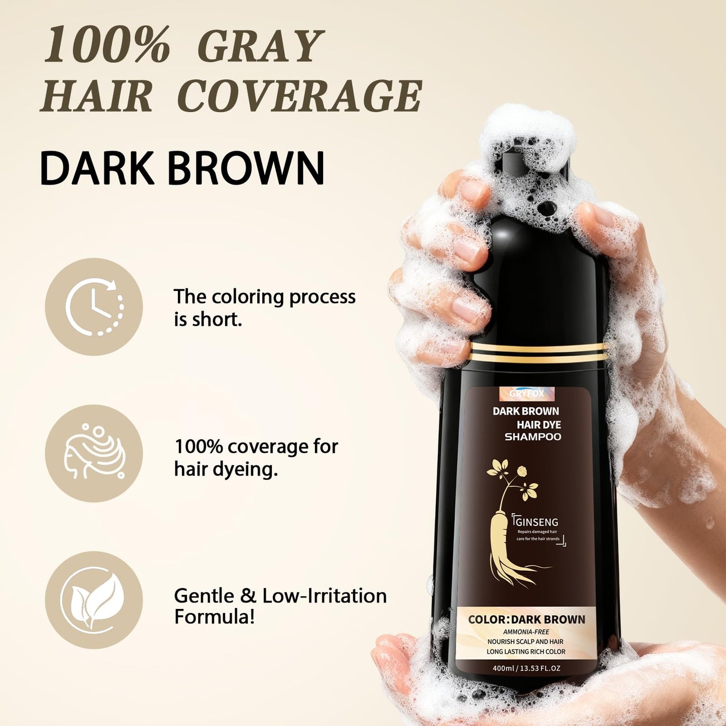 GRYFOX Dark Brown Hair Dye Shampoo for Gray Coverage, 3 in 1 Hair Color Shampoo for Women and Men,Semi-Permanent Color with Natural Herbal Ingredients