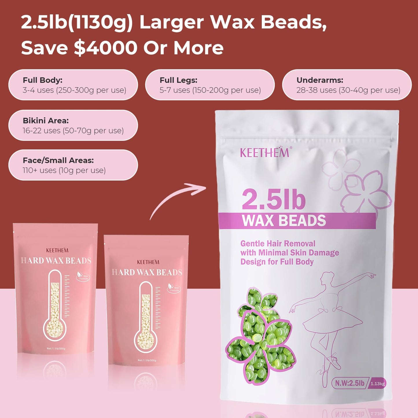 Keethem 2.5lb Wax Beads, Hard Wax Beads for Coarse Hair Removal and Sensitive Skin- Waxing Beads for Women Men - Hard Wax Recommended for Full Body Bikini Brazilian Waxing (Aloe)