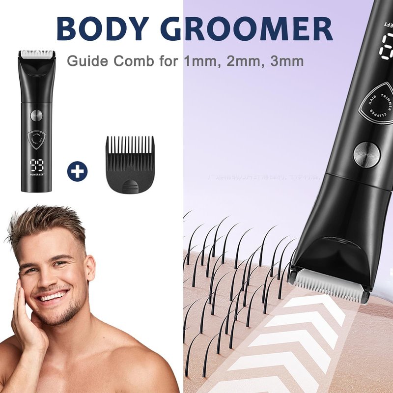 LAIKME Body Hair Trimmer for Men - Electric Male Hygiene Grooming Shaver - Hair Razor Nose Trimmer Clippers - 3 in 1 Groin Groomer IPX5 Waterproof LED Display Remover for Chest Back Armpit