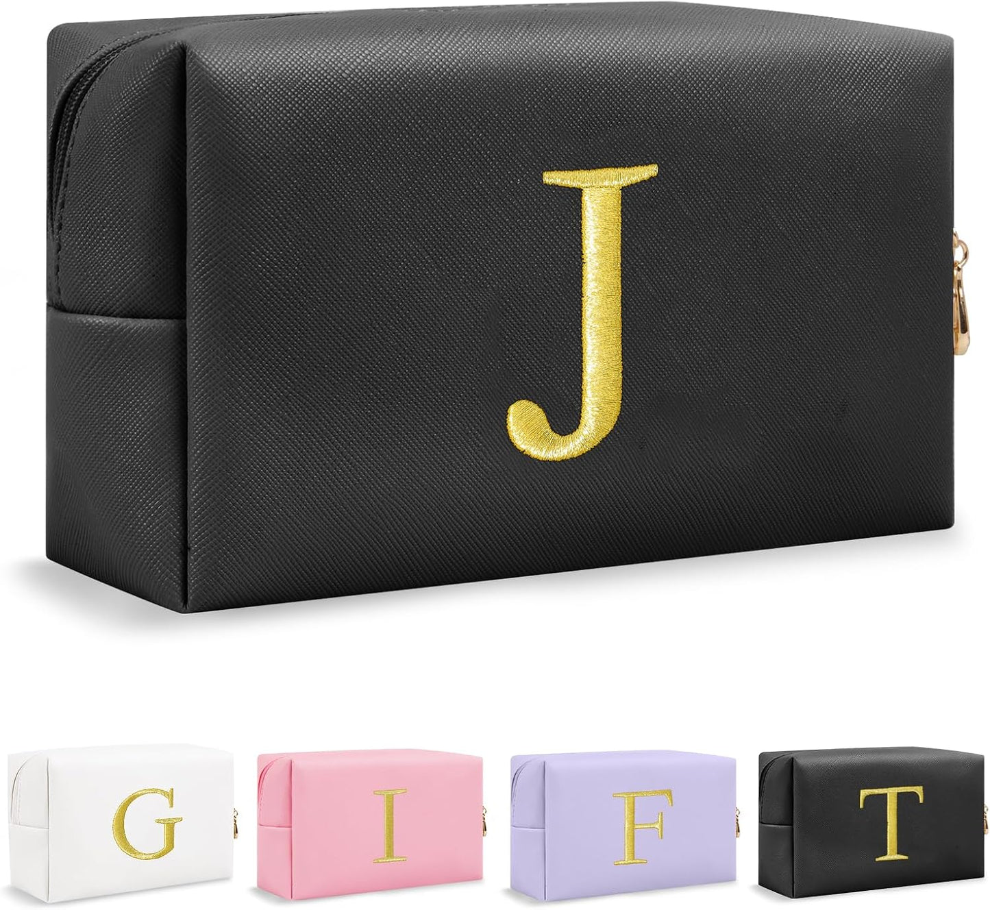 Personalized Initial Makeup Bag - Gold Embroidered Cosmetic Bag for Teens | Custom Travel Toiletry Bag (Black)