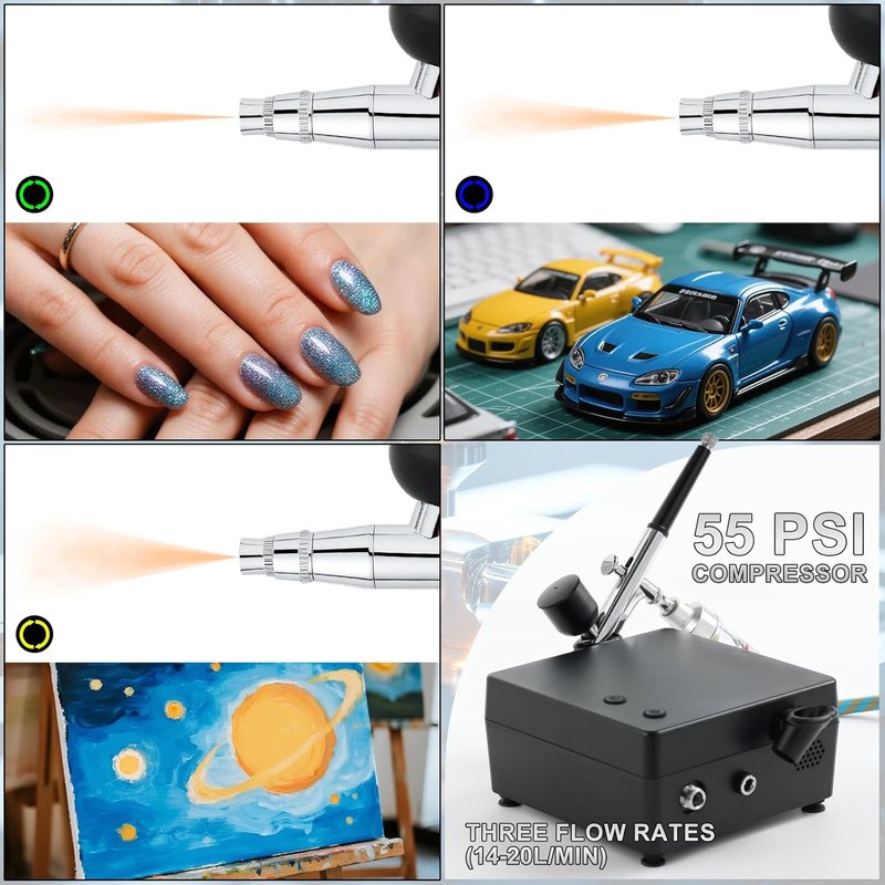 Airbrush Kit with Compressor - 55 PSI Non-Clogging Painting Set | 0.2/0.3/0.5mm Nozzles & Cleaner for Nail Art, Makeup, Modeling