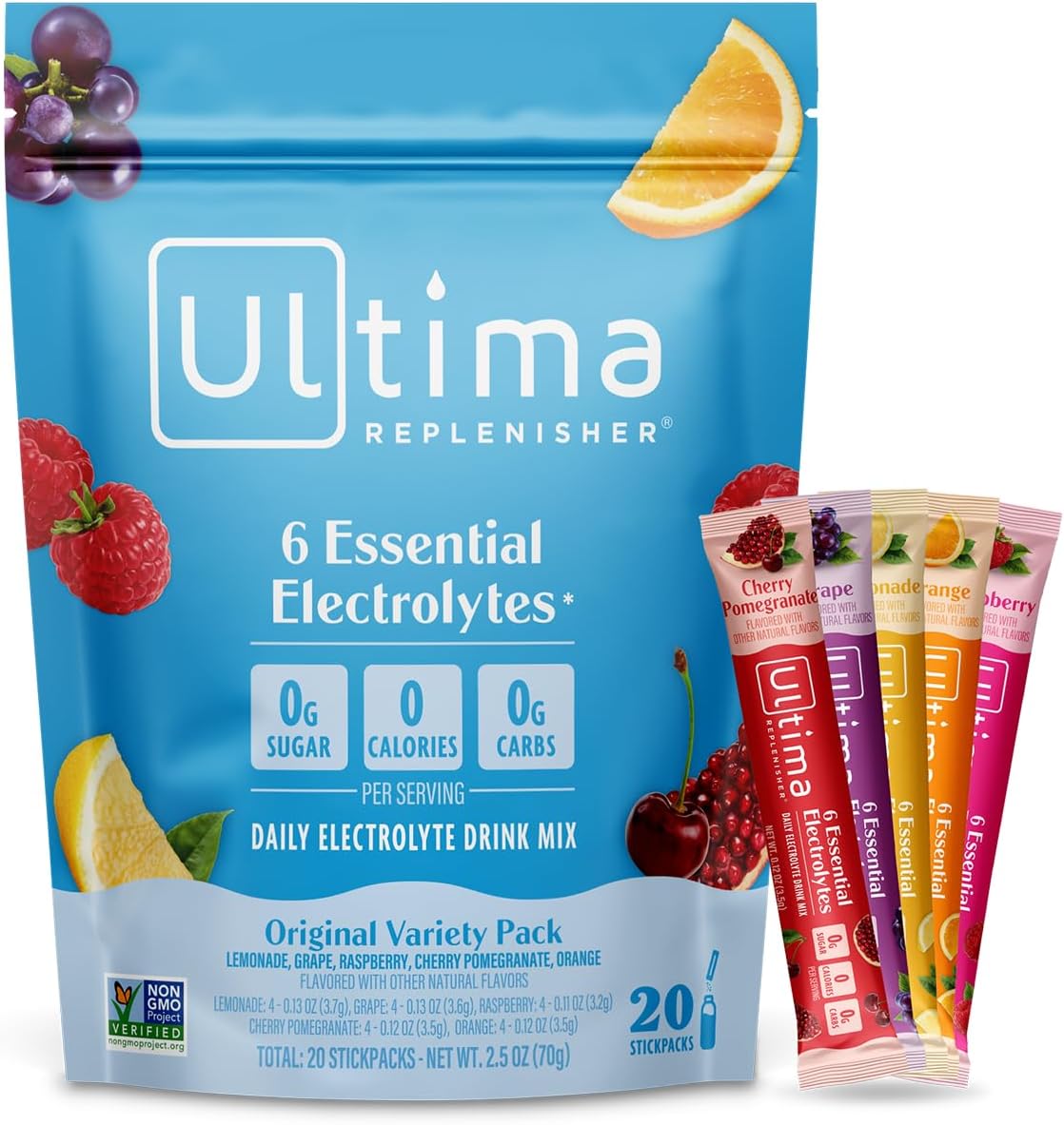 Ultima Replenisher Electrolyte Powder | Zero Sugar Hydration Packets with 6 Electrolytes – Original Variety Pack, 20 Stickpacks
