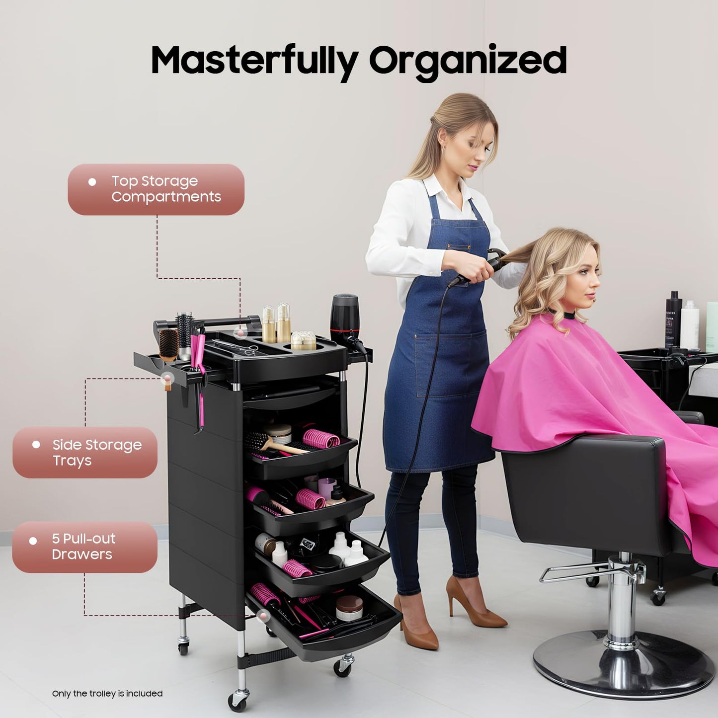 Salon Trolley, 6 Tiers Beauty Salon Trolley with Handle+Rolling Wheels, 5 Drawers and 2 Hair Dryer Holder Side Tray for Beauty Salons, Barber Stores, Hospitals, and Health Centers, Black