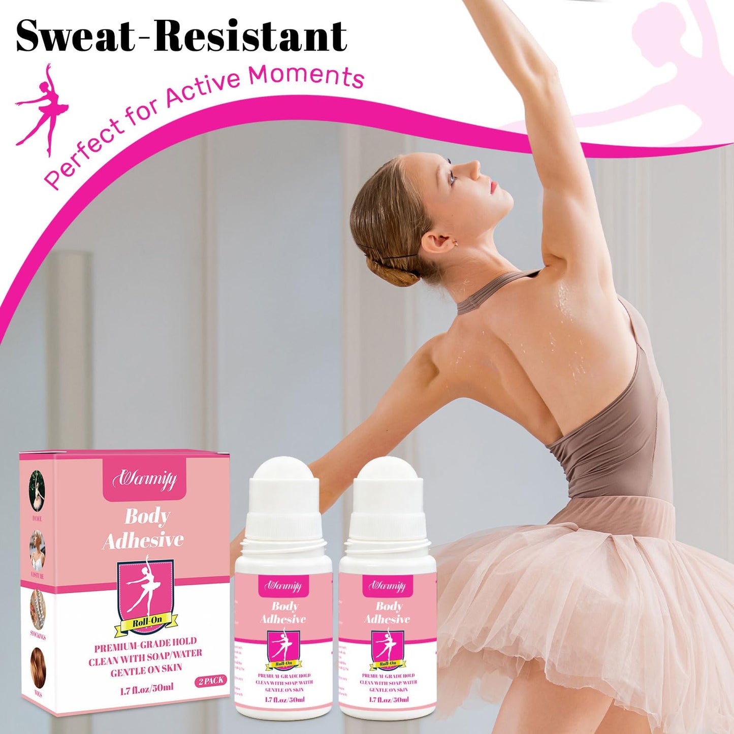 2 Pack Body Glue for Clothes Roll-On – Strong Hold Body Adhesive for Clothing & Skin, Sweat Resistant, Easy Wash-Off Fashion Glue for Socks, Bras, Wigs, Costumes & Leotards,No Residue,Gentle Formula