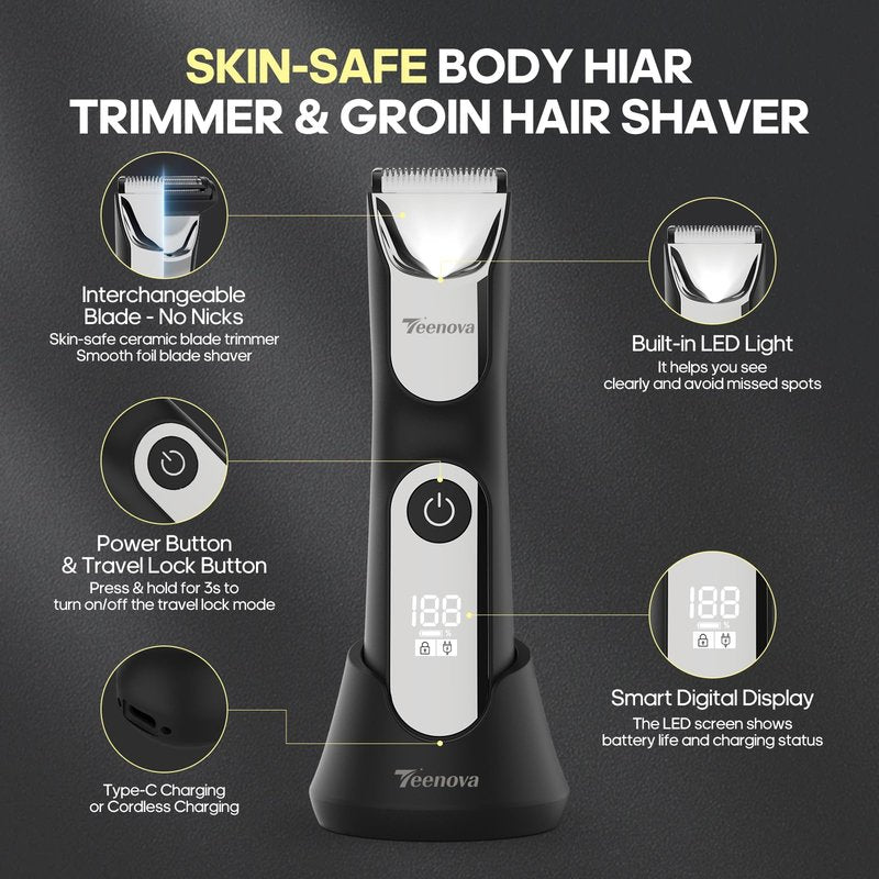 TEENOVA Manscape Body Hair Trimmer for Men, No Nick Pubic Bikini Trimmer for Women, 3 in 1 Versatile Groin Shaver with Nose Hair Trimmer, Cordless Dock Charging, LED Display, Wet/Dry Grommer (Silver)