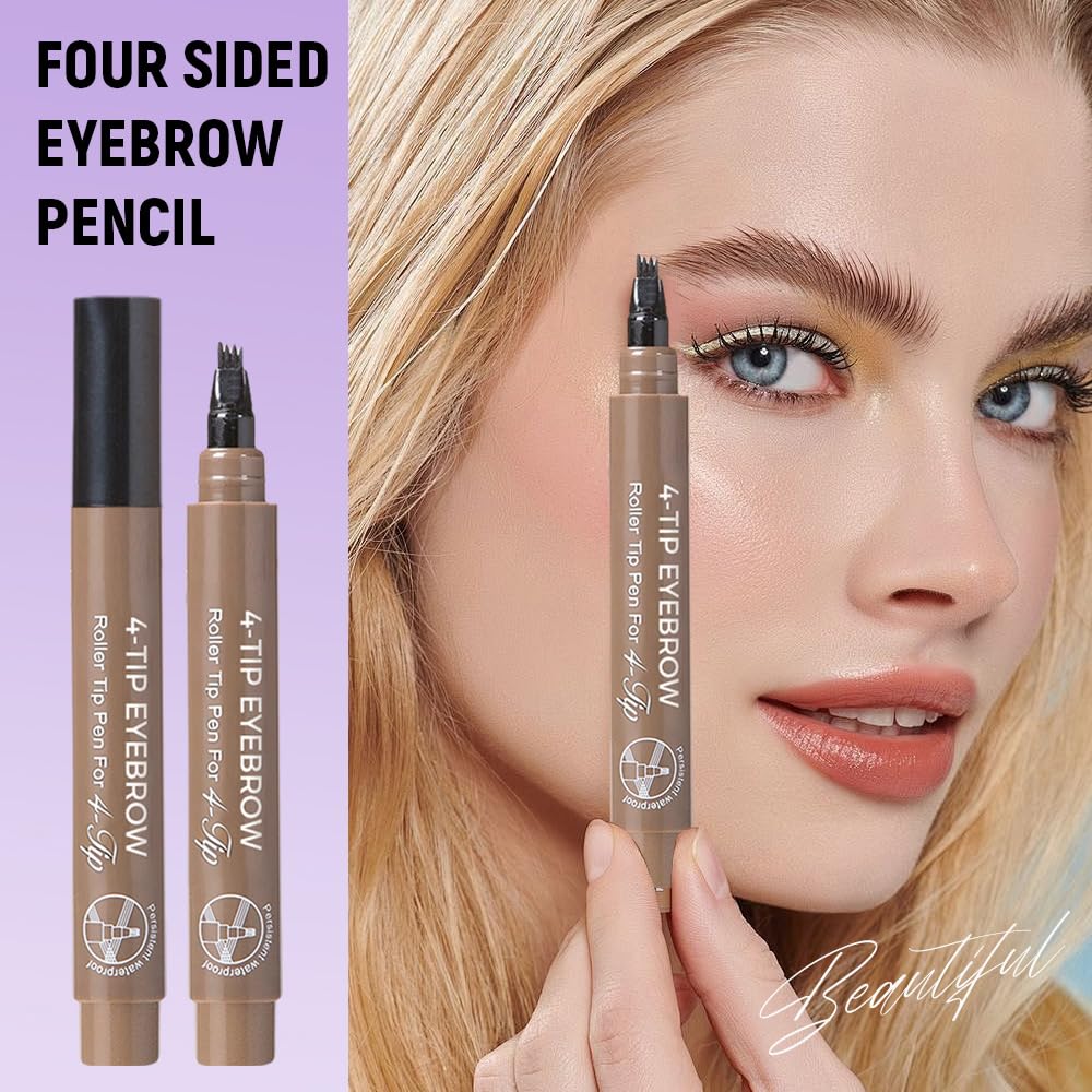 2PCS Microblading Eyebrow Pencils, 2026 Upgraded 4 Tipped 3D Waterproof Brow Pencil with Micro-Fork Tip Magic Eyebrow Contouring Pencil Brush for Women Natural Makeup (Light Brown)