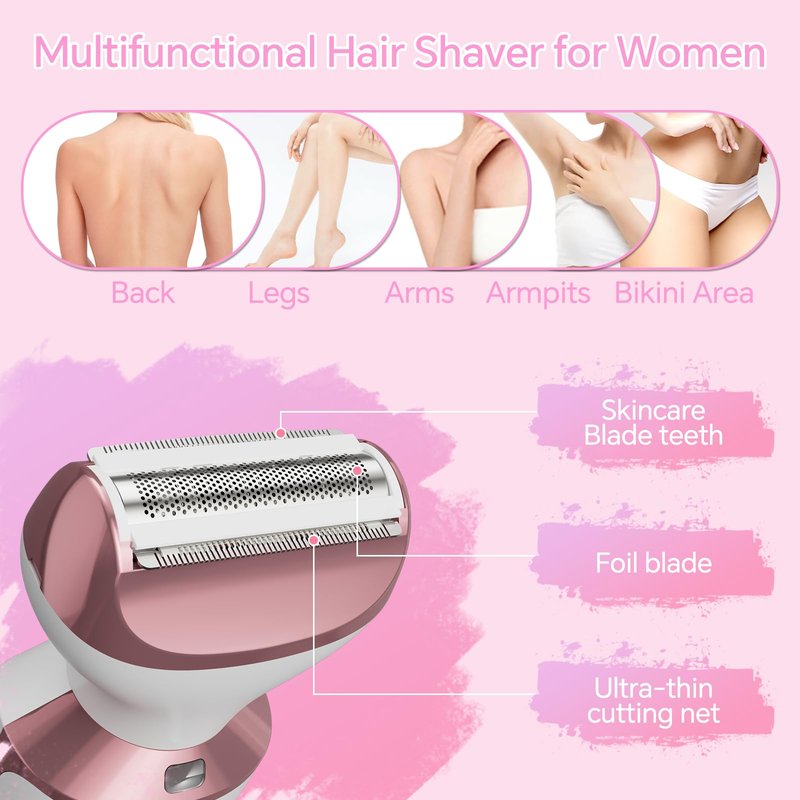 Electric Razor for Women, 4-in-1 Bikini Trimmer & Body Shaver for Face, Legs, Underarms, Pubic Hair, Rechargeable Wet/Dry Painless Hair Removal with LED Light & Travel Lock